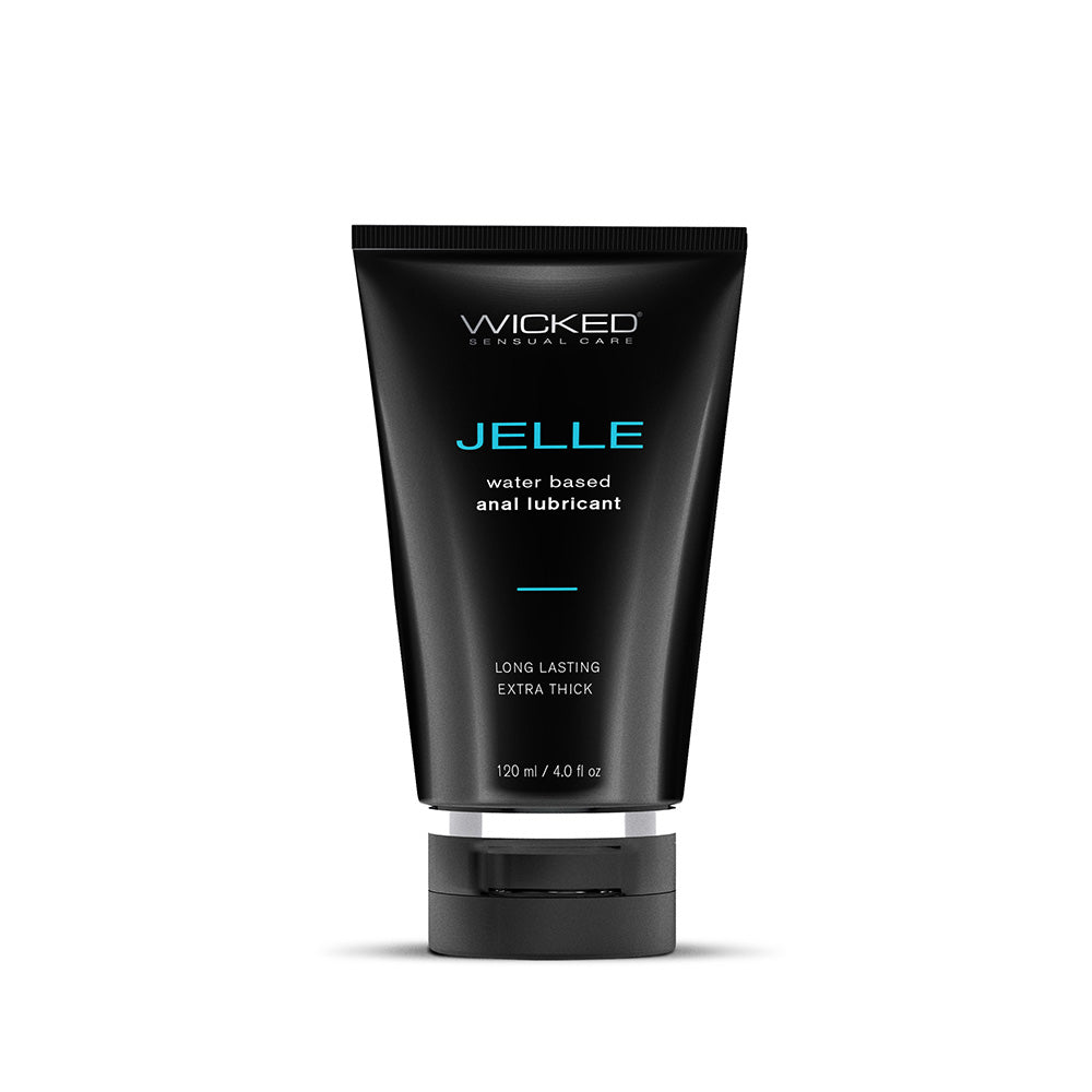 Wicked Jelle Water-Based Anal Lubricant bottle on white background showing thick gel texture and product label.