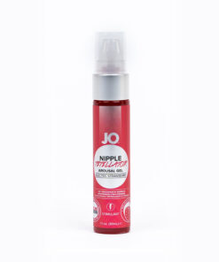 JO Nipple Titillator Arousal Gel Strawberry 1 oz. bottle with bright red gel and strawberry artwork on label