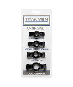 TitanMen Cock Ring Set Black with four flexible TPR cock rings placed on a clean background for enhanced comfort.