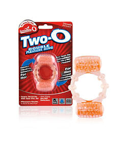 Screaming O Two-O vibrating ring showing top and bottom bullet vibrators with knobby textured band on a light background.