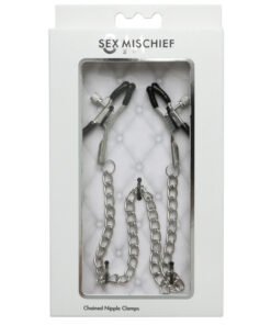 Adjustable chained nipple clamps by Sportsheets with black coated tips and nickel-free chain on a white background.