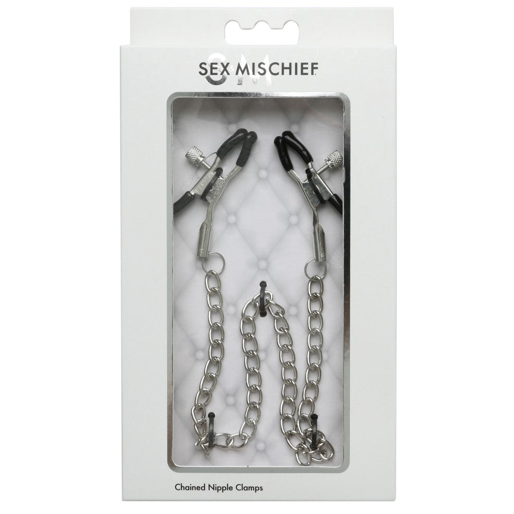 Adjustable chained nipple clamps by Sportsheets with black coated tips and nickel-free chain on a white background.