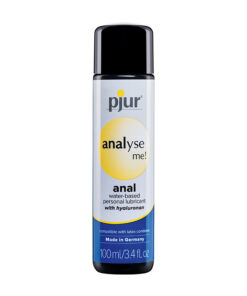 Pjur Analyse Me Comfort Anal Water Based Lubricant 100ml clear gel bottle with blue accents on a soft textured surface.