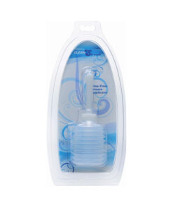 CleanStream Disposable Enema Applicator with smooth flexible tip shown beside a standard enema bulb on a clean bathroom surface