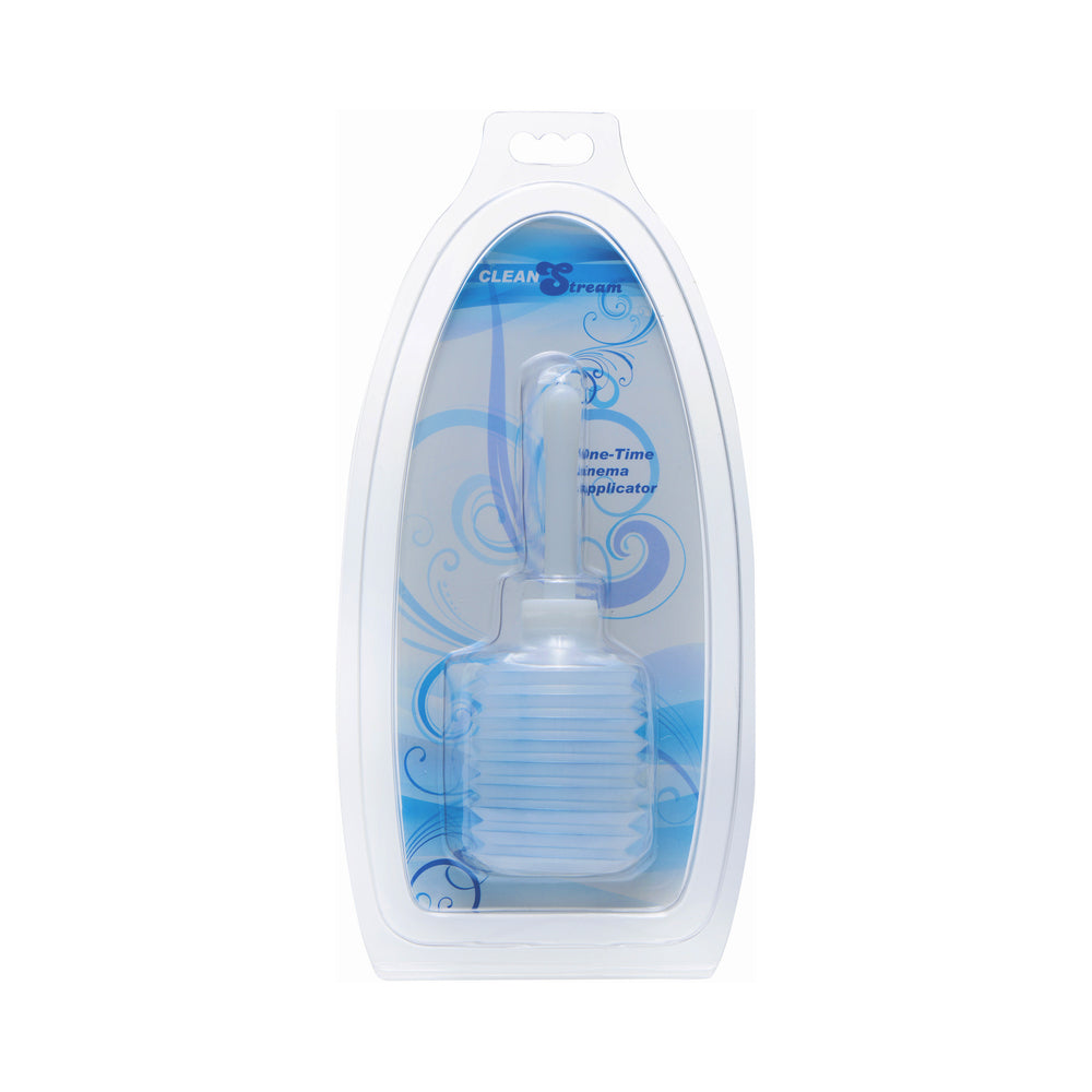 CleanStream Disposable Enema Applicator with smooth flexible tip shown beside a standard enema bulb on a clean bathroom surface