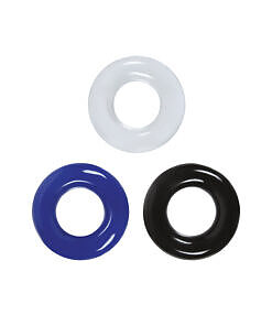 black and blue TPE rings on a white background