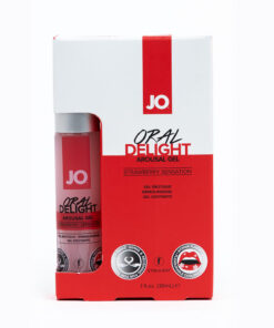 JO Oral Delight Arousal Gel Strawberry Sensation 1 oz bottle with bright red strawberry gel dripping from a fingertip against a soft pink background.