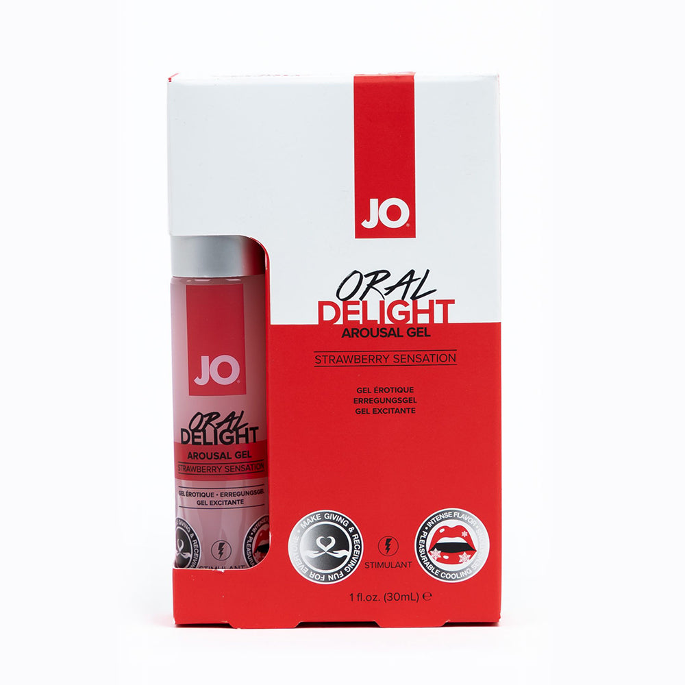 JO Oral Delight Arousal Gel Strawberry Sensation 1 oz bottle with bright red strawberry gel dripping from a fingertip against a soft pink background.