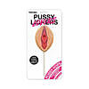 Pussy Pops strawberry-flavored novelty lollipop on a white stick against a vibrant pink background