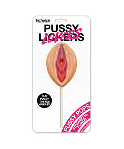 Pussy Pops strawberry-flavored novelty lollipop on a white stick against a vibrant pink background