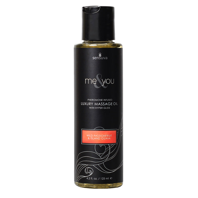 Sensuva Me and You pheromone-infused massage oil bottle with passion fruit guava label and silk fabric