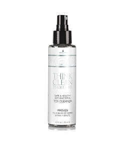 Sensuva Think Clean Thoughts Anti-Bacterial Toy Cleaner spray bottle with fresh citrus scent on white background.