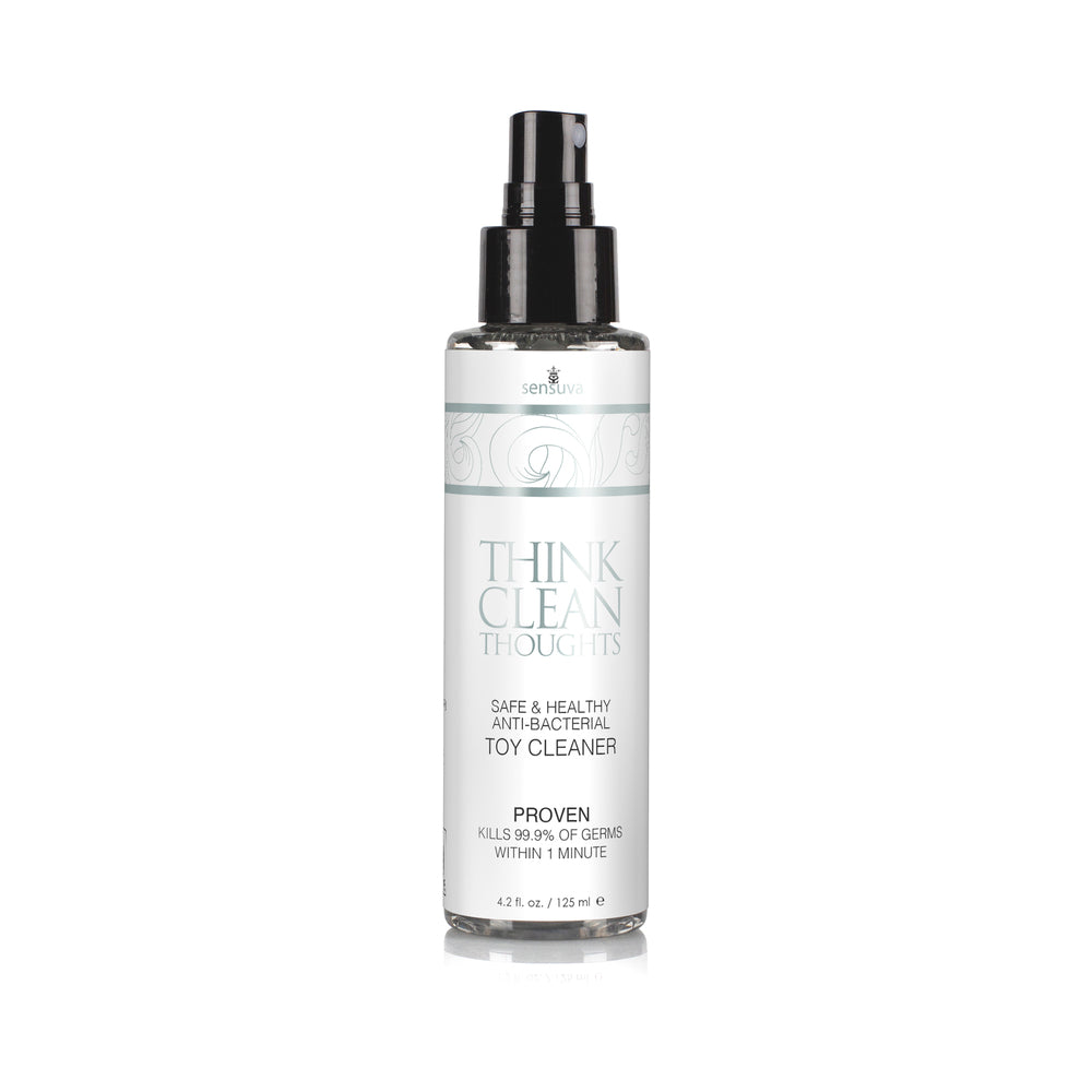 Sensuva Think Clean Thoughts Anti-Bacterial Toy Cleaner spray bottle with fresh citrus scent on white background.