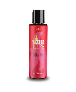 Sensuva Sizzle Lips Warming Edible Gel Strawberry 4.2 oz. in a clear bottle with red gel and a strawberry illustration.