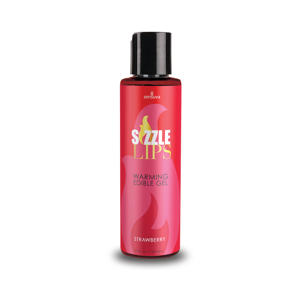 Sensuva Sizzle Lips Warming Edible Gel Strawberry 4.2 oz. in a clear bottle with red gel and a strawberry illustration.