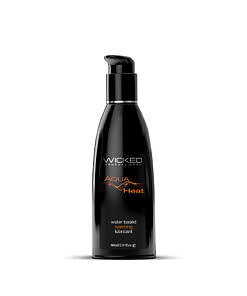 Wicked Aqua Heat water-based warming lubricant 2 oz bottle next to a gentle wave pattern