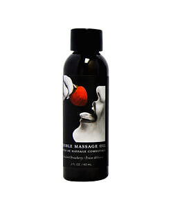 Earthly Body Edible Massage Oil Strawberry 2oz bottle with fresh strawberries for a sensual vegan massage experience.
