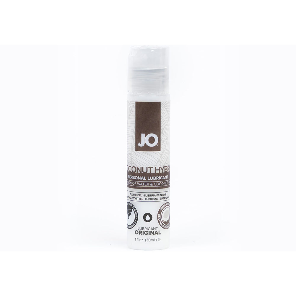 JO Coconut Hybrid Original Lubricant 1 oz bottle with coconut oil and water-based formula for smooth personal glide.