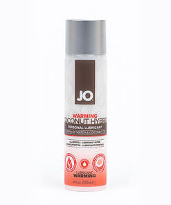 System JO Coconut Hybrid Warming Lubricant 4 oz bottle on a light surface with coconut shells in the background