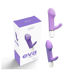 VeDO Eva Mini Vibe Orgasmic Orchid purple mini vibe with curved tip and flexible rabbit tickler on silky fabric.