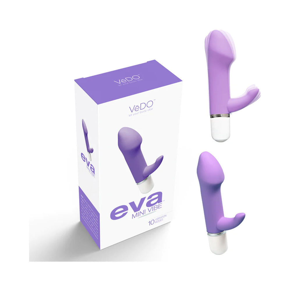 VeDO Eva Mini Vibe Orgasmic Orchid purple mini vibe with curved tip and flexible rabbit tickler on silky fabric.