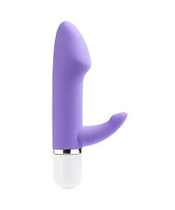 displaying curved tip and flexible rabbit tickler against a soft purple gradient background.