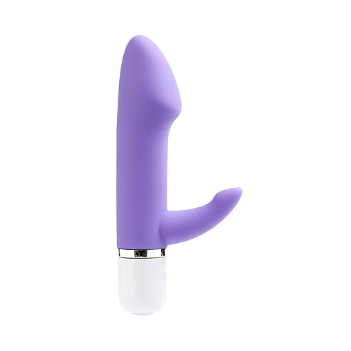 displaying curved tip and flexible rabbit tickler against a soft purple gradient background.