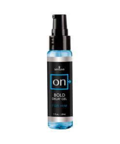 Sensuva ON Bold Delay Gel 1 oz bottle on a nightstand with soft lighting