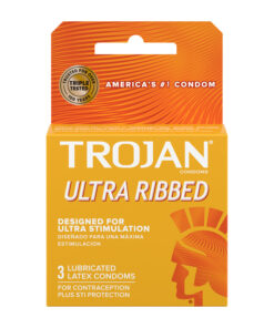 Three Trojan Ultra Ribbed Lubricated Condoms with visible embossed ribbing on a clean white background