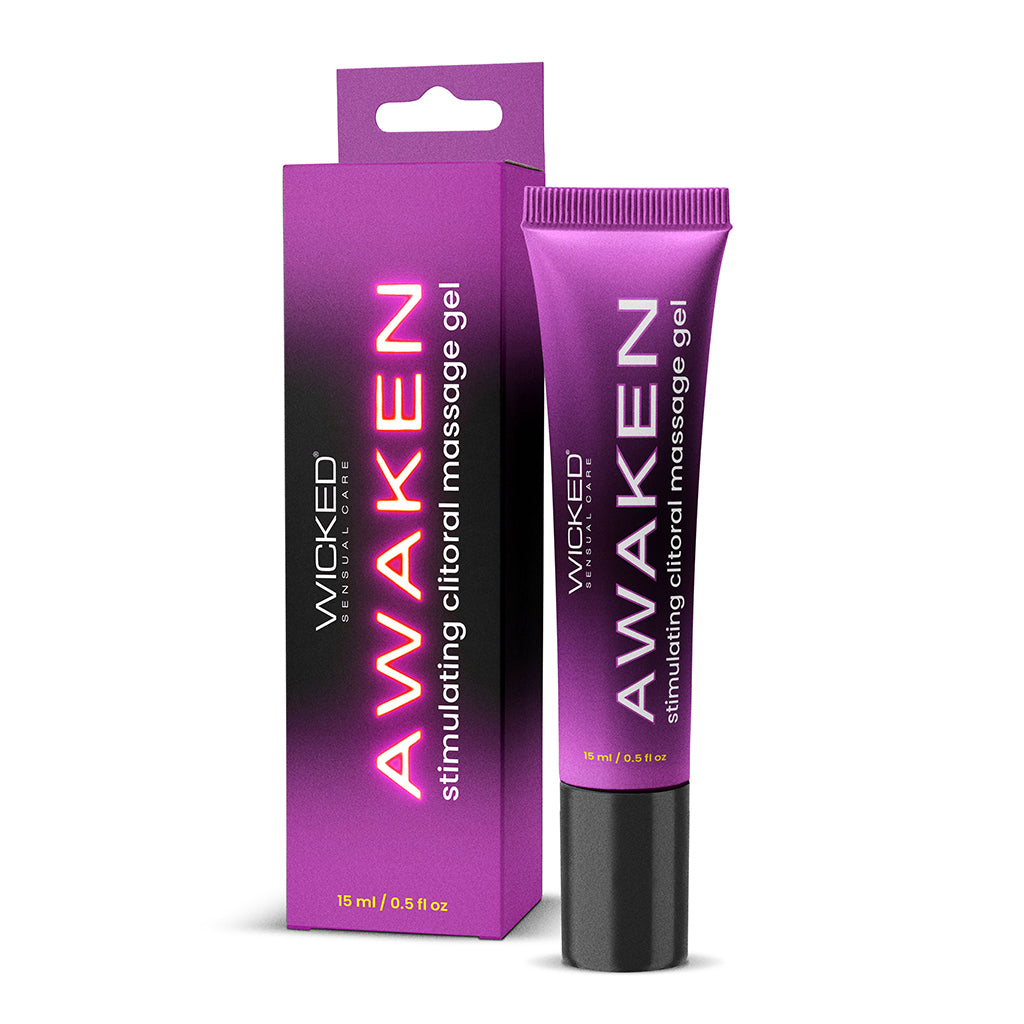 Wicked Awaken arousal gel 15 ml bottle with pump dispenser on a neutral backdrop