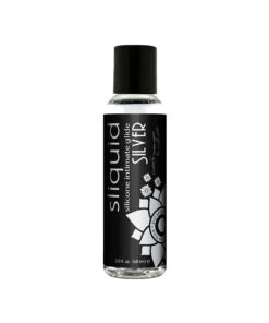 Sliquid Silicone Lubricant Naturals Silver 2 oz bottle on wet countertop