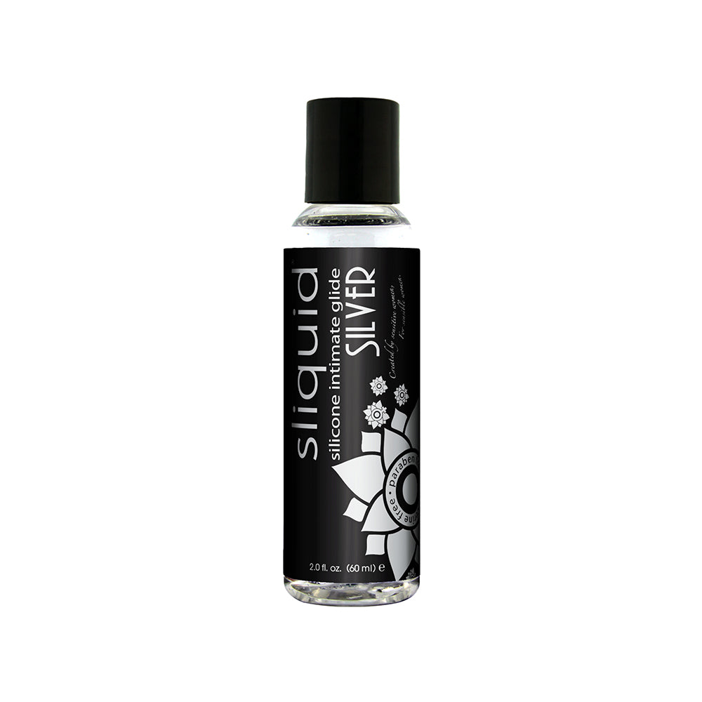 Sliquid Silicone Lubricant Naturals Silver 2 oz bottle on wet countertop