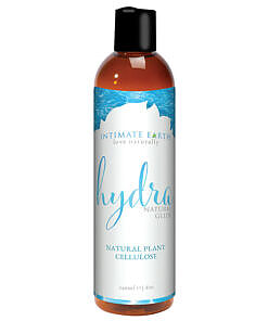 Intimate Earth Hydra Water Based Glide bottle with pump top against clean light background showing 240 ml size label