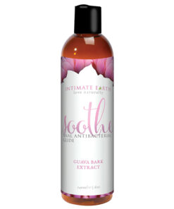 Intimate Earth Soothe Anal Anti-Bacterial Glide bottle with moisture droplets on a clean surface
