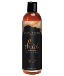 Intimate Earth Vanilla Chai Massage Oil 4 oz bottle with golden oil