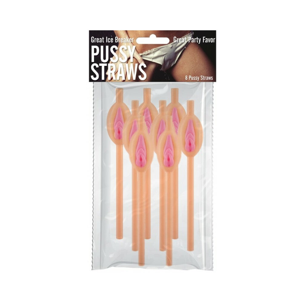 Hott Products Pussy Straws 8-pack displayed in colorful cocktails at a bachelor party table setting