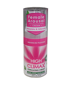 High Climax Female Stimulant with Hemp Seed Oil 0.5 fl. oz. bottle shown with pump dispenser on a soft neutral background.