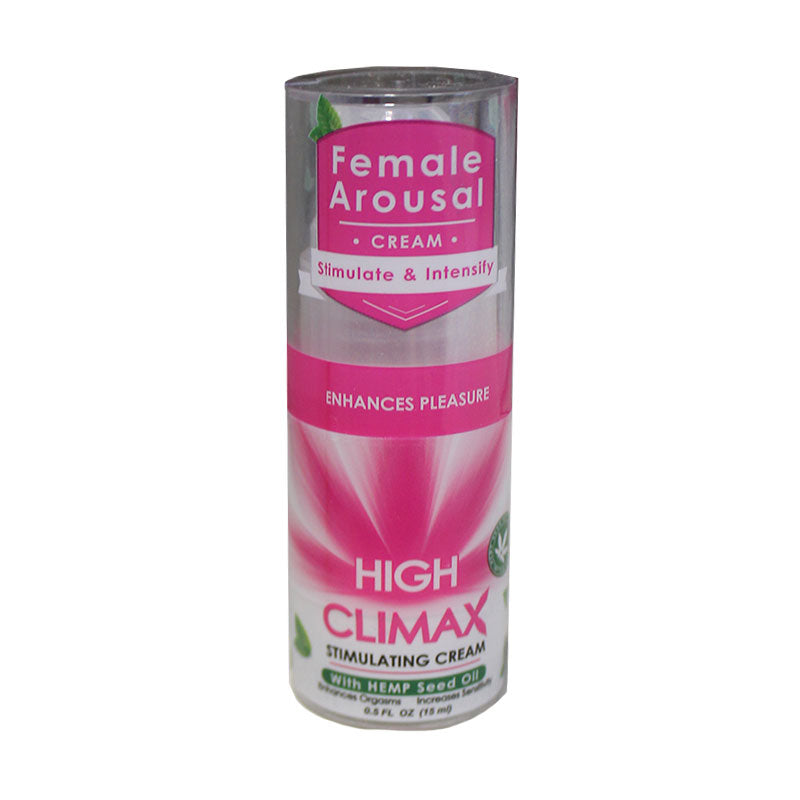 High Climax Female Stimulant with Hemp Seed Oil 0.5 fl. oz. bottle shown with pump dispenser on a soft neutral background.