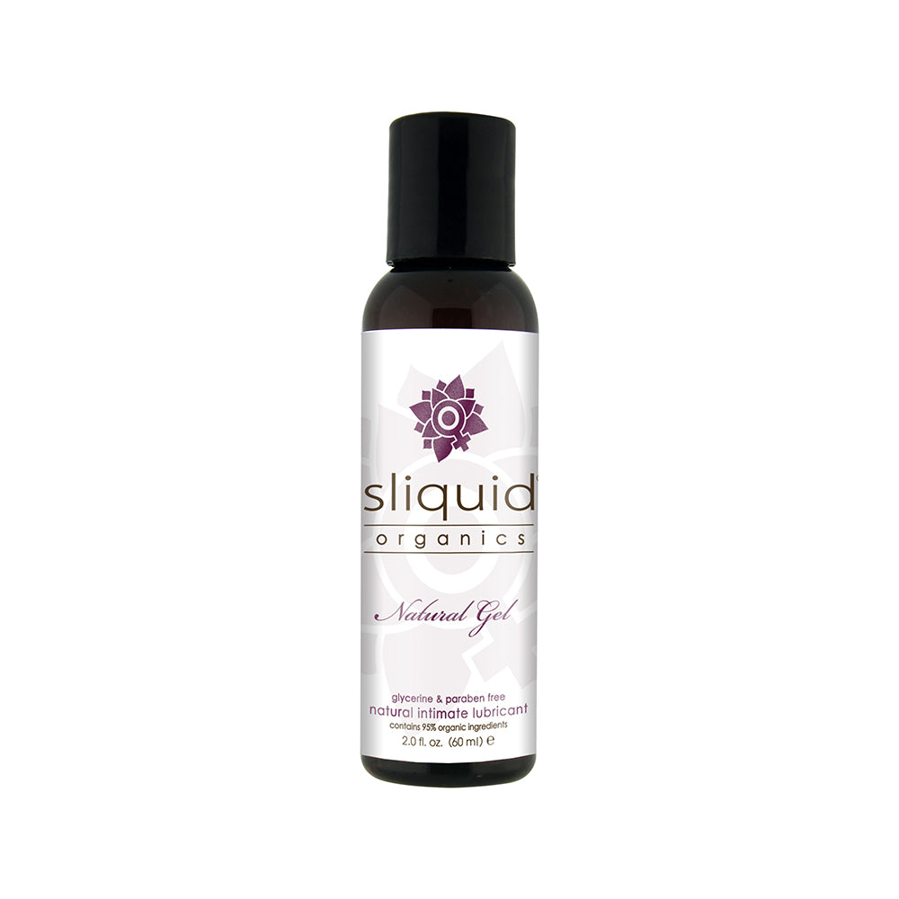 Sliquid Organics Natural Gel 2oz bottle with rich aloe gel texture and green botanical label on white background