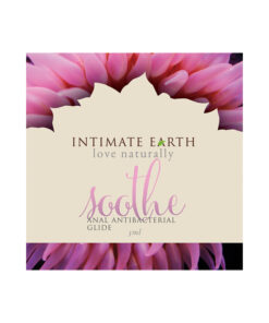 Intimate Earth Soothe Anal Glide 3 ml foil packet on a clean white background with subtle guava leaf accent