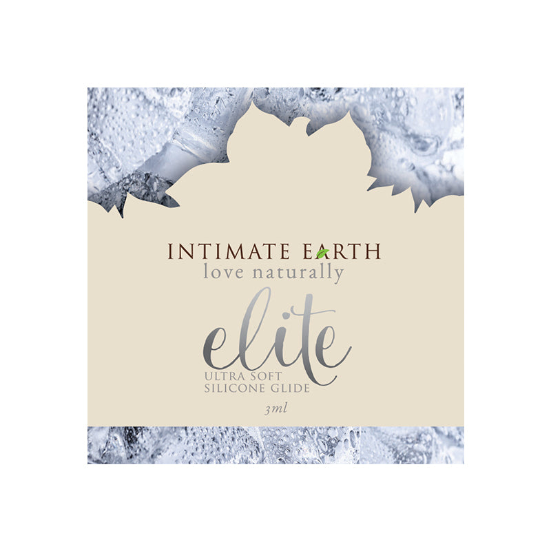 Intimate Earth Elite Silicone 3ml foil packet next to a fingertip showing texture and size.
