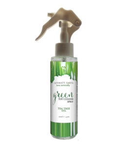 Intimate Earth green toy cleaner spray bottle with tea tree oil label