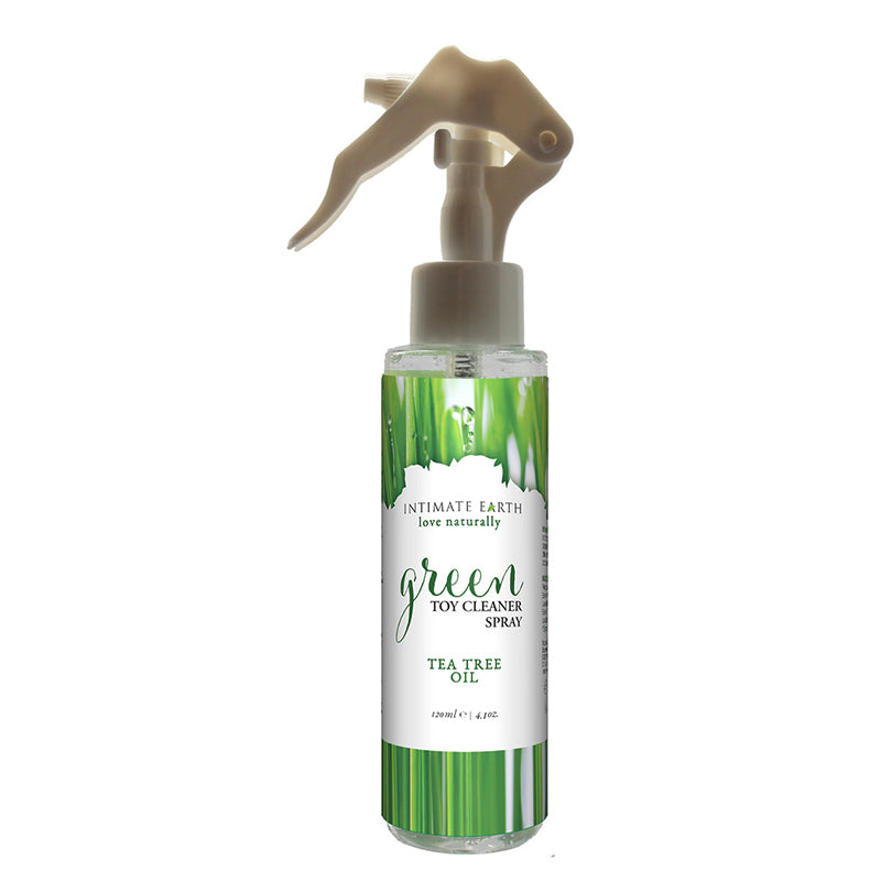 Intimate Earth green toy cleaner spray bottle with tea tree oil label