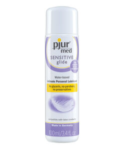 Pjur Med Sensitive Glide bottle on white background showing 3.4oz size with clear liquid.