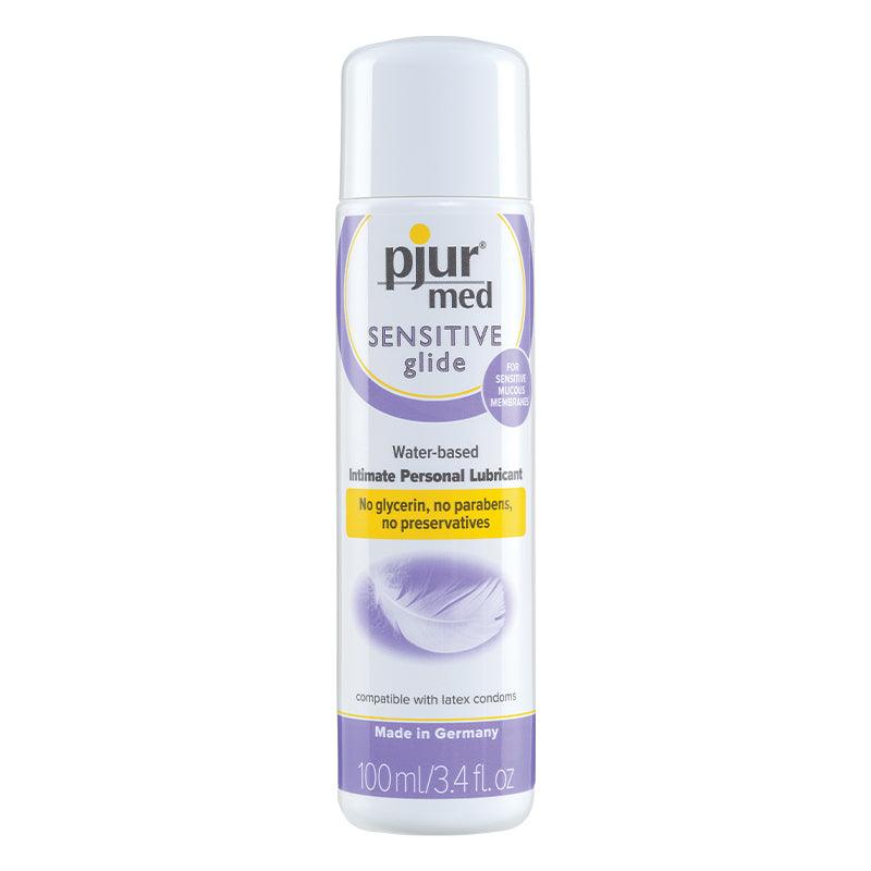 Pjur Med Sensitive Glide bottle on white background showing 3.4oz size with clear liquid.