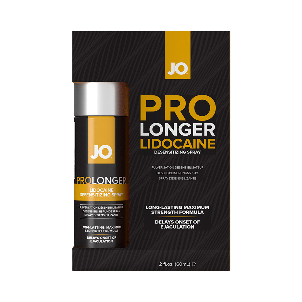 JO Prolonger Lidocaine Desensitizing Spray 2 oz bottle on a nightstand