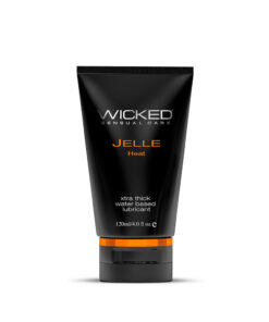 Wicked Jelle Heat warming anal lubricant 4 oz bottle with thick clear gel texture and flip cap on white background.