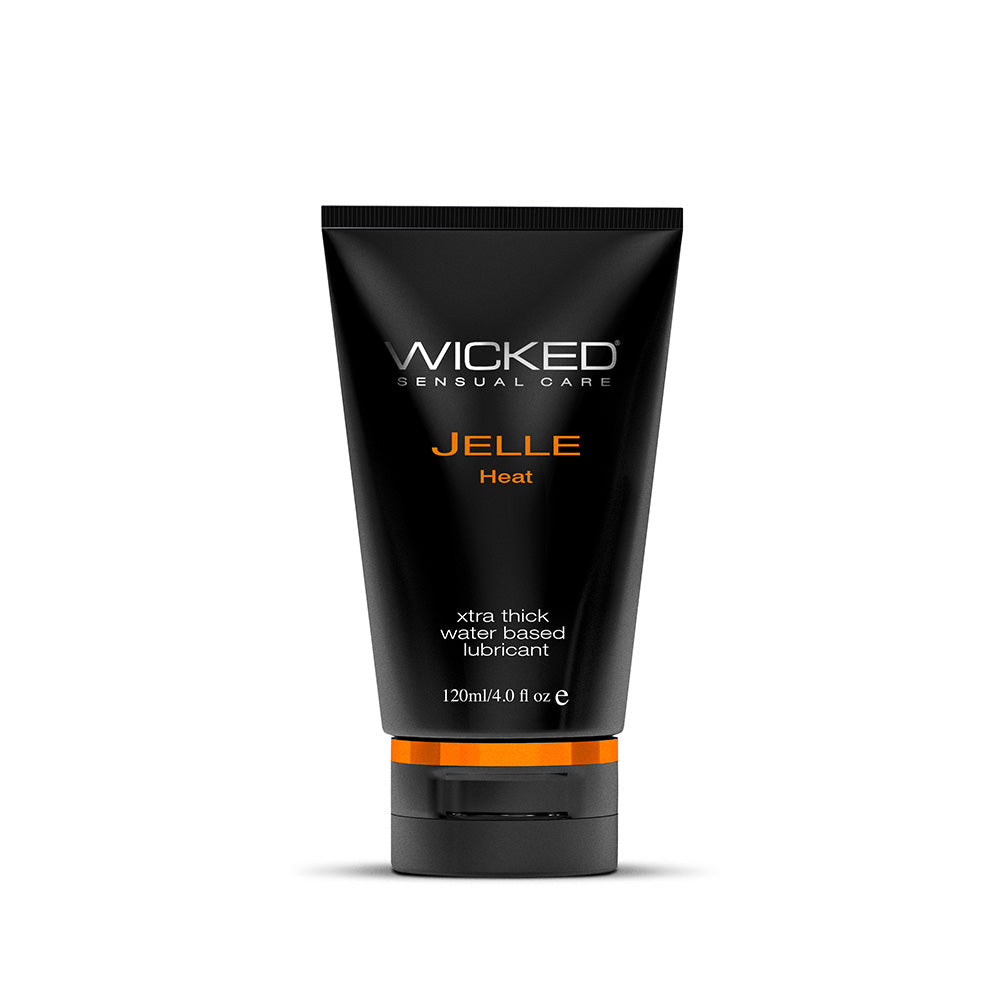 Wicked Jelle Heat warming anal lubricant 4 oz bottle with thick clear gel texture and flip cap on white background.