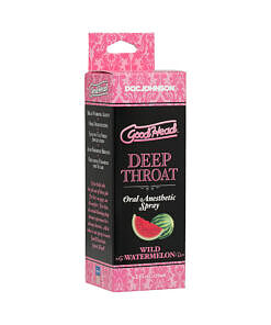 GoodHead Deep Throat Spray Wild Watermelon bottle with spray nozzle and watermelon illustration against bright background.
