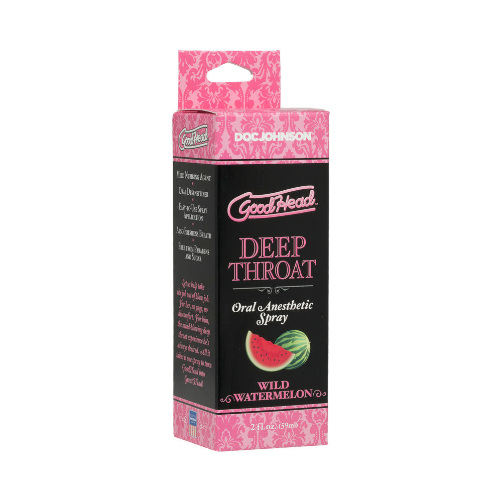 GoodHead Deep Throat Spray Wild Watermelon bottle with spray nozzle and watermelon illustration against bright background.